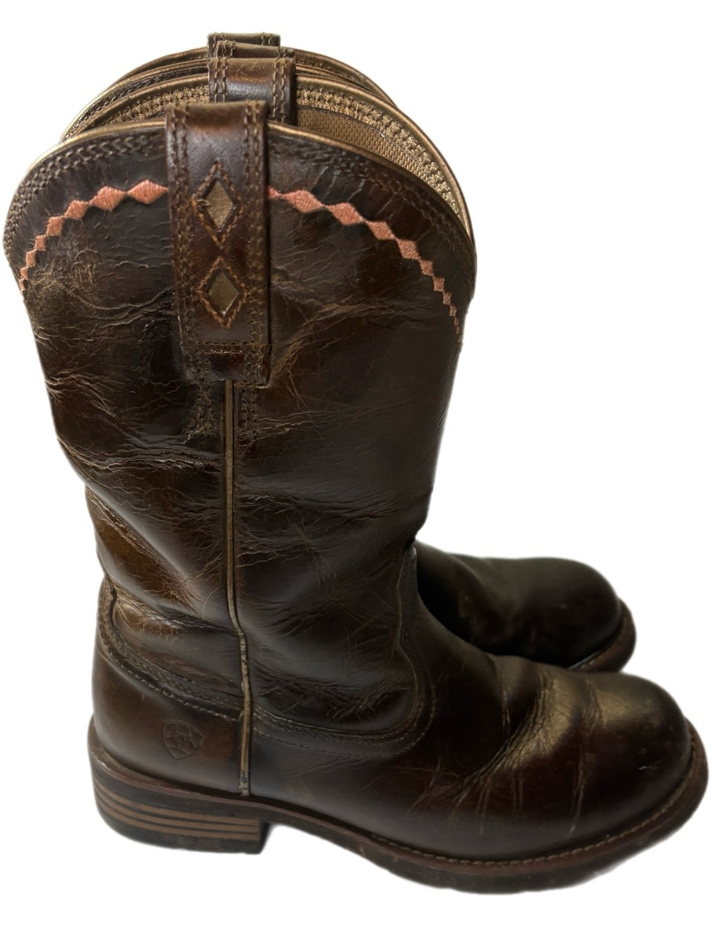 Ariat Dark Brown Leather Western Heeled Pull-On Boots with Pink Stitching